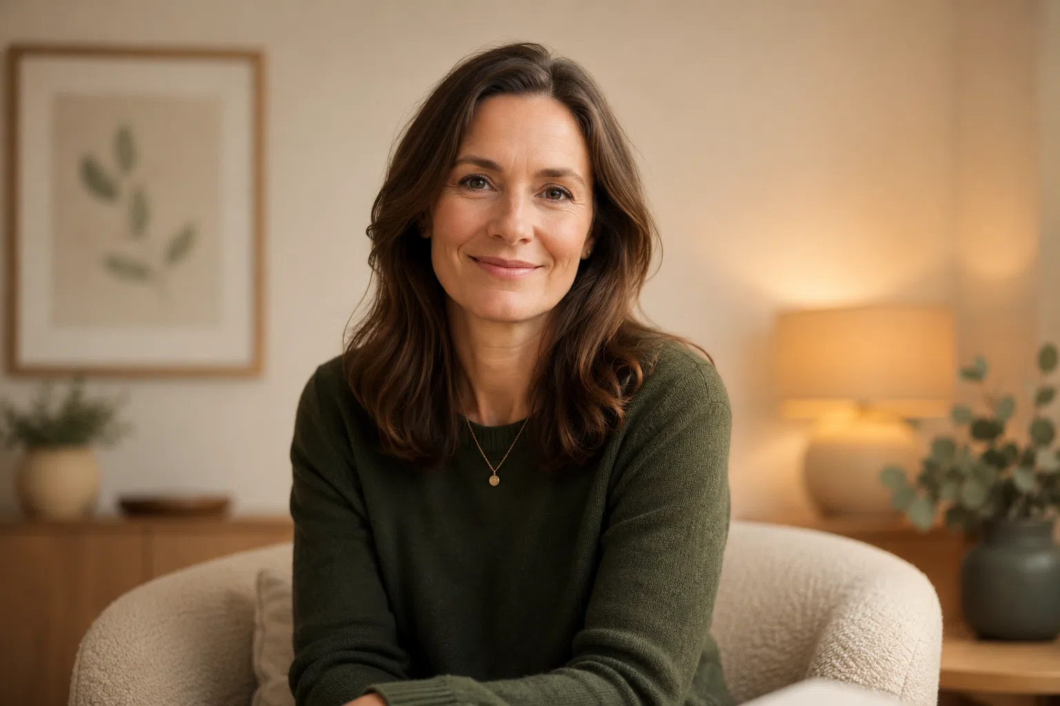 Sarah James sitting in a calm therapy room