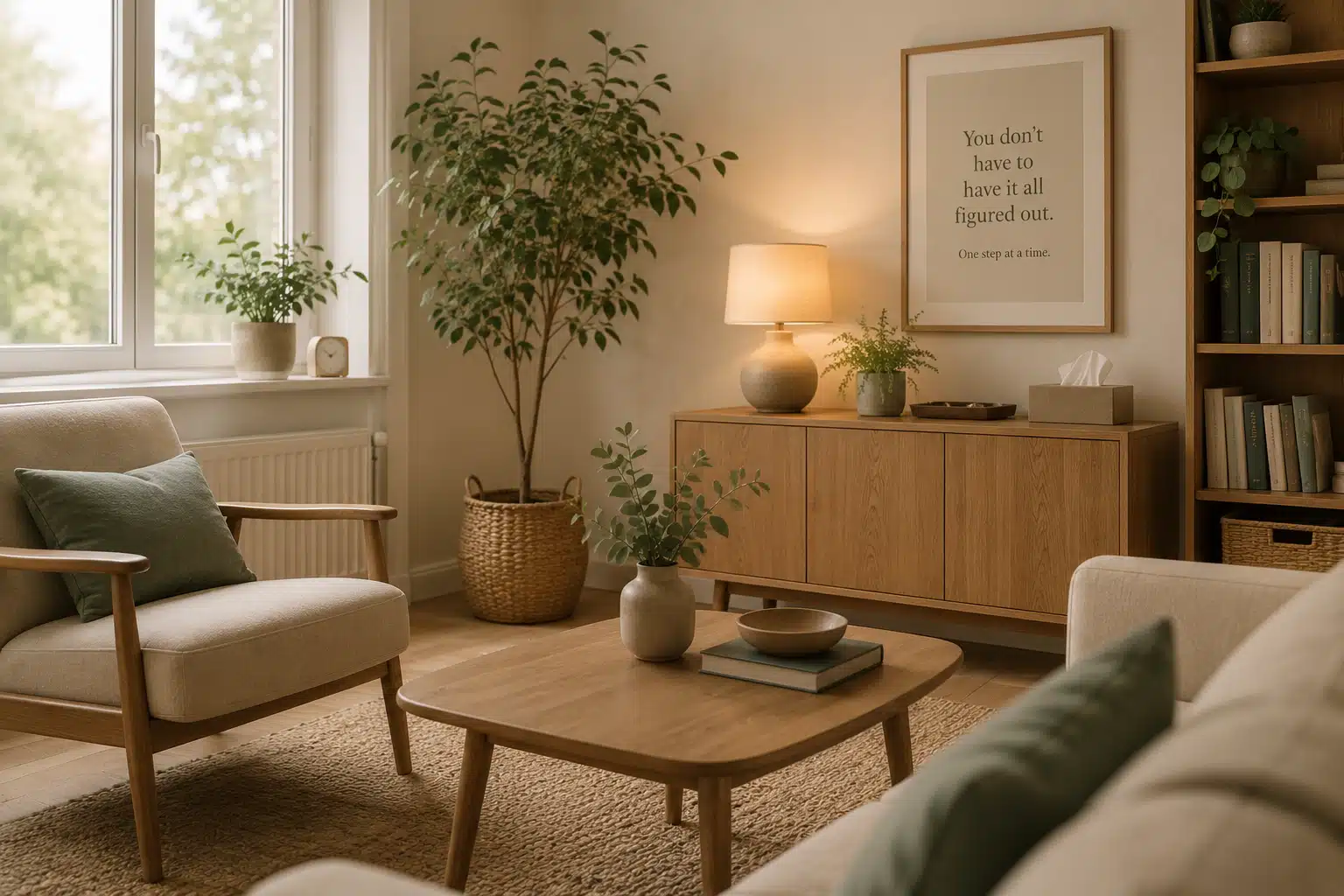 A calm therapy room with soft natural light, plants and neutral furnishings